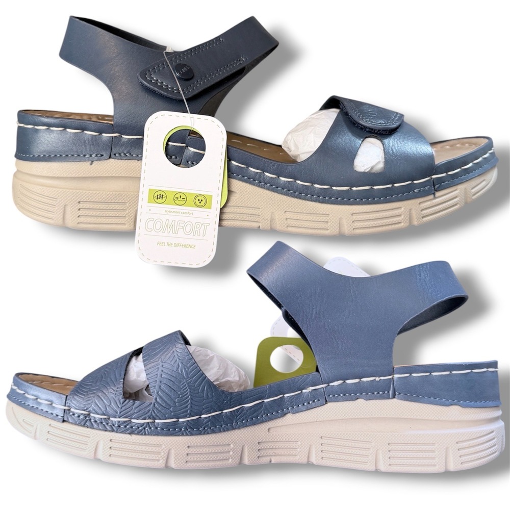 Ortorex Navy Blue Comfort Wedge Sandals Women Sz 8 Hook Loop Massaging Footbed